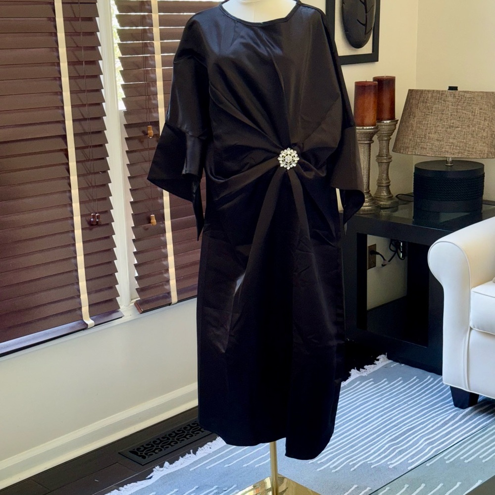 Satin Black Midi Dress with Center Brooch Accent